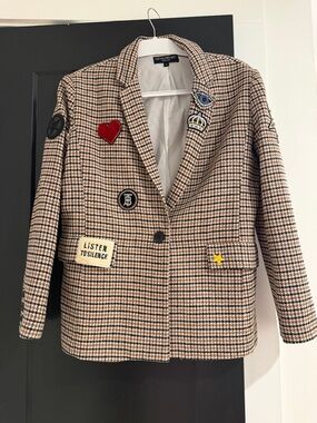 Central Park West Checked Patchwork Blazer in Beige and Tan
